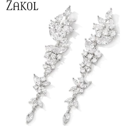 ZAKOL Exquisite Wedding Design Leaf Ear Line Long Dangle Drop Earrings Jewelry Cubic Zironia Brincos for Women Bijoux FSEP5017