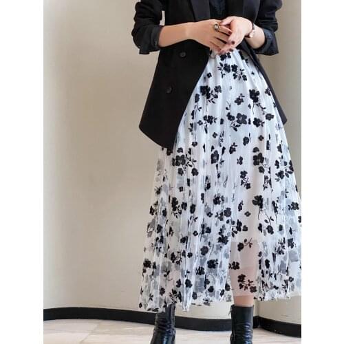 2021 4 Colors Women Tutu Tulle Skirts Elastic High Waist Floral Print Mesh Overlay Layered A Line Midi Long Skirt