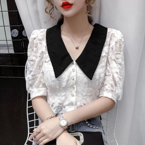 Puff sleeve short blouse women summer 2021 new sweet and western style self-cultivation lapel embroidered chiffon shirt