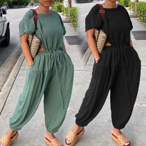 Women Pocket Pants Loose Outfits Fashion Solid O Neck Tops And Elastic Waist Pants Two Piece Sets Casual Cotton Linen 2Pc Suits