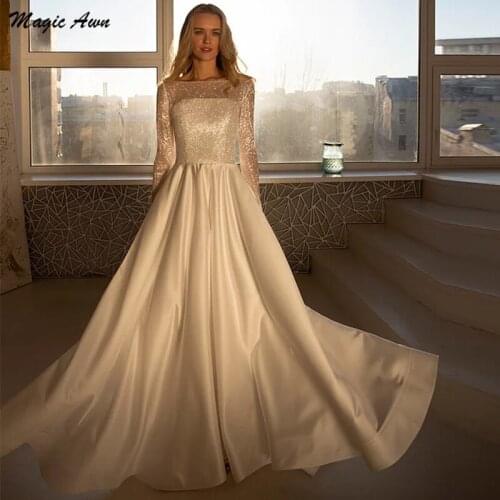 Magic Awn Elegant Satin Shiny Wedding Dresses With Full Sleeve Illusion Boho A-Line Simple Bridal Gowns Vestidos De Novia