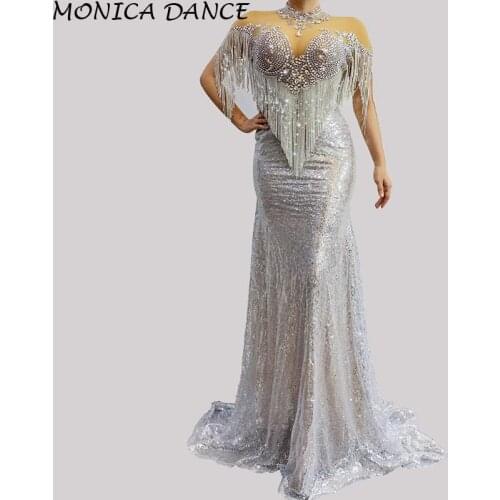 Sexy Stage 2 Style Flashing Rhinestones Fringe Sequins Dress Women Birthday Celebrate Evening Outfit Dancer Bar Dress