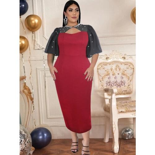 Color Block Dresses Plus Size 4XL 5XL Women Beads Short Lantern Sleeve Bodycon Evening Birthday Party Event Occasion Robe Summer
