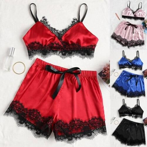 Women Split Sexy Lingerie Crop Lace Up Top And Shorts Set Summer Spaghetti Strap Bow front Clothes Set Stretchy Sexy 2PCS Set