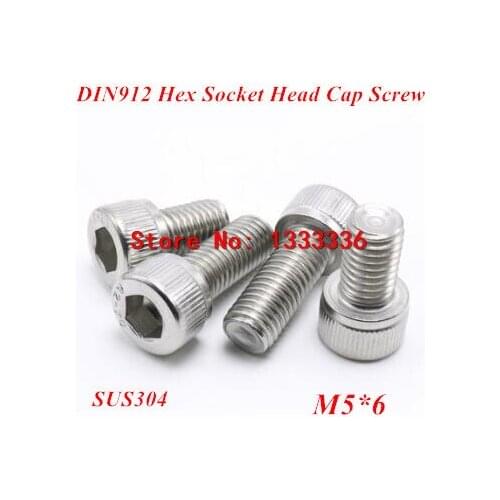 100pcs M5*6 Hex socket head cap screw, DIN912 304 stainless steel Hexagon Allen cylinder bolt, cup screws
