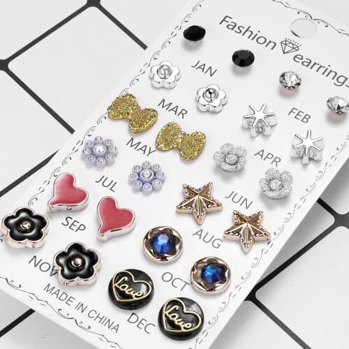 12 Pairs/Set Fashion Shiny Crystal Earrings Set Lady Elegant Pearl Rhinestone Flower Stud Earring Women Korean Jewelry Wholesale