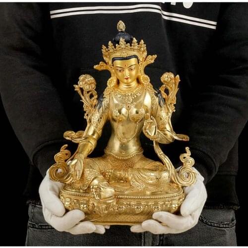 31CM large gold gilding Buddha brass statue Buddhism HOME family effective protection Green Tara Guanyin Avalokitesvara Buddha