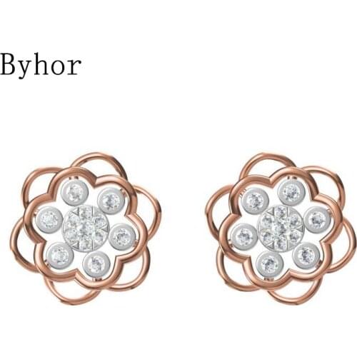 Byhor Solid 14K White/Yellow+White/Rose+White Gold 0.27ct H/SI Natural Diamonds Fine Jewelry Wedding Flower stud earrings Cерьги