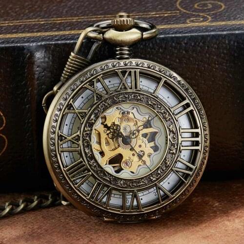 Retro Mechanical Pocket Watch With Chain Unique Roman Numerals Hollow Bronze Sculpture Hand Wind Mechanical Pocket Watches Mens