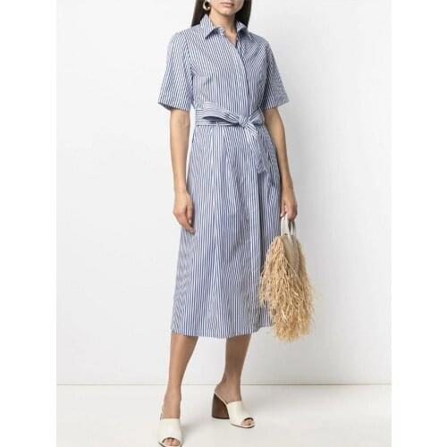 Cotton Blue Stripe Dresses Women 2021 New High Quality Simple With Sashes Long Shirt Dress Single Breasted Short Sleeve Dress