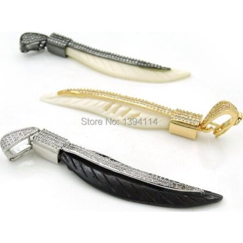 Micro Pave Clear CZ Main Petiole Ox Bone Pierced Leaf Pendant Approx 60*15*7mm