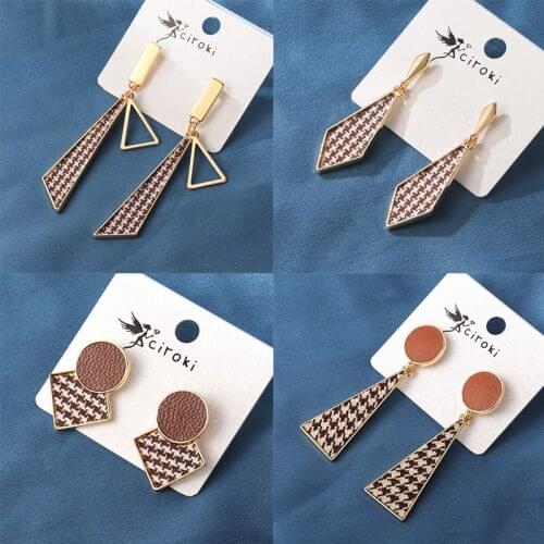 VCORM Fashion Korean Geometric Square Lattice Drop Earrings for Women Vintage Leather Fabric Houndstooth Hanging Earring Jewelry