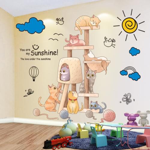 [SHIJUEHEZI] Cats Animals Wall Stickers DIY Cartoon Clouds Wall Decals for Kids Rooms Baby Bedroom Nursery Home Decoration