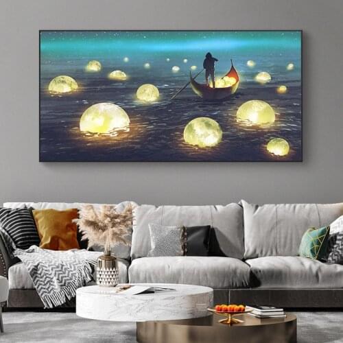Blue Moon Starry Poster Abstract Night Sea Landscape Canvas Print Room Home Wall Art Picture Nordic Creative Decorative Painting