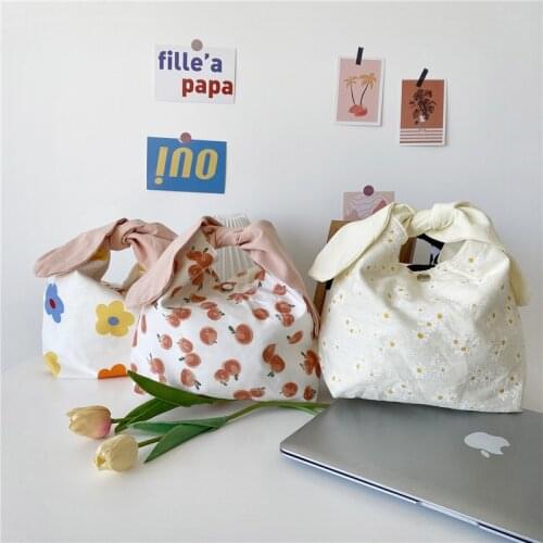 New ins rabbit ears fold bow lunch bag handbag