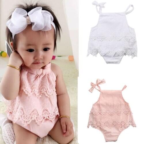 Cami Straps Solid Lace and Mesh Romper For Baby Girl