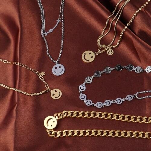 Punk Stainless Steel Necklace Women Chain Necklace For Women Double Layers Necklace Smiling Face Charm Necklaces Jewelry Gifts