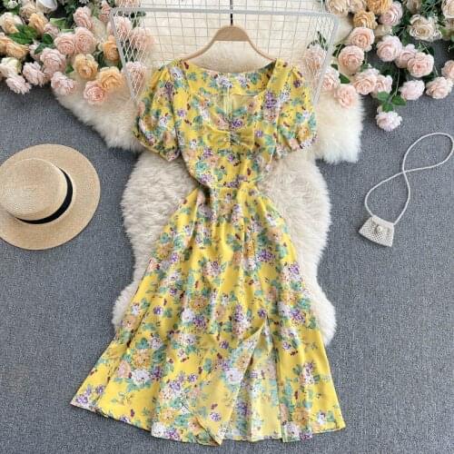 Teeuiear Boho vintage floral print V Neck long Dress summer Party sexy split dress Women elegant beach holiday tunic dress