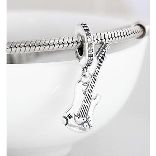 Authentic S925 Silver Dangle Charm Music Guitar Pendant Bead fit Lady Bracelet Bangle Girl Birthday Gift Clear CZ
