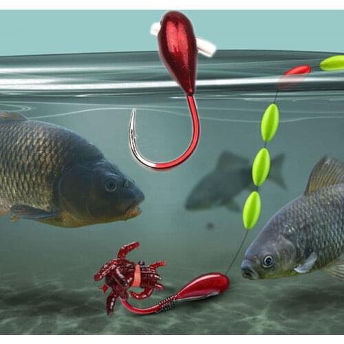 Rompin winter ice lake fishing overturned Hook 45 Degree Incline Hole Through Traditional Barbed Hooks Red Worm Jig Head lead