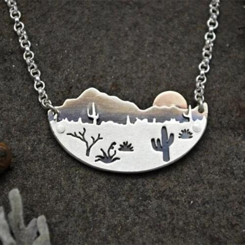 Silver Colour Desert Sun Cactus Arizona Landscape Chain Boho Womens Vintage Necklace Jewelry Party Accessories