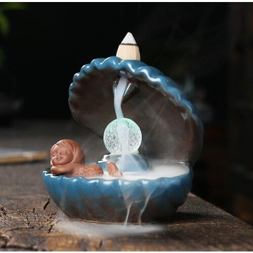 LED Blue Shell Pearl Light Home Decor For Living Room, Pearl in Shell Desktop Mermaid Incense Burner With Free 20 Incense Cones