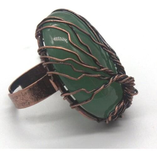 Trendy-beads Unique Copper Wire Wrap Natural Green Aventurine Oval Shape Engagement Ring Charm Jewelry