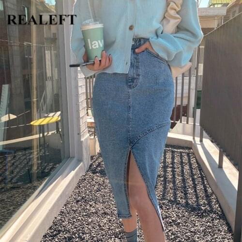 REALEFT Summer 2021 New Chic Womens Denim Skirts Vintage High Wasit Front Split Jeans Wrap Skirt Straight Pencil Skirts Female