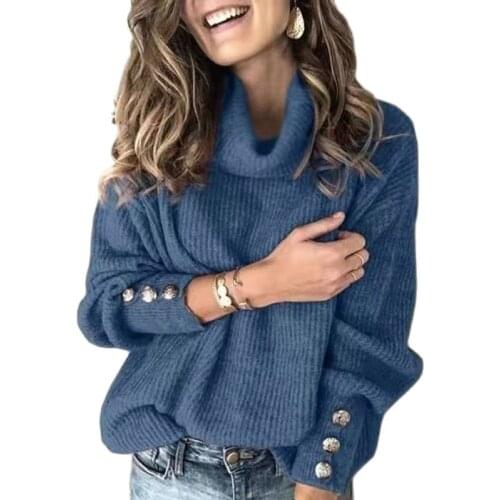 Women Turtleneck Long Sleeve Knitted Sweater Autumn Winter New Casual Loose Solid Color Button Korean Pullover Plus Size S-5XL