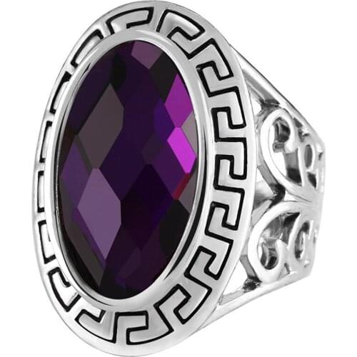 Vintage Antiqued Silver Color Big Purple Crystal Statement Exaggerated Ring for Women Men Fashion Party Jewelry