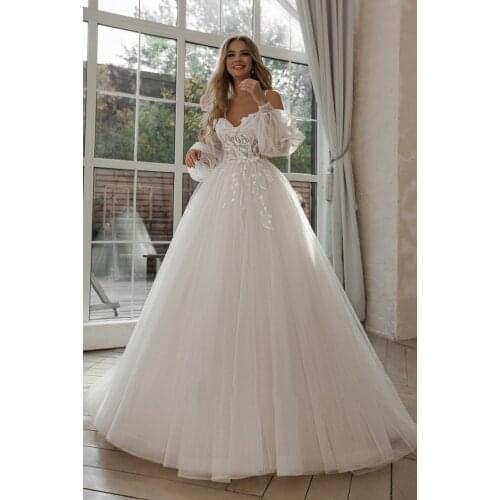 Wedding Dresses Glitter Puff Sleeve Appliques Lace 3D Flowers Bride Dress Off Shoulder Tulle Boho Bride Gowns Vestidos De Novia