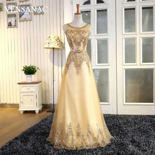 VENSANAC New A Line Embroidery Long Evening Dresses Sleeveless Luxury Crystals Party Prom Gowns