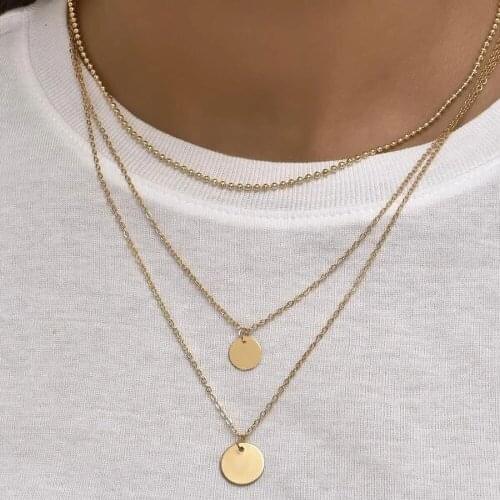 2021 Fashion Vintage Gold Bead Chain Round Sequin Pendant Necklace For Women Female Multilevel Collar Jewelry Gift Wholesale