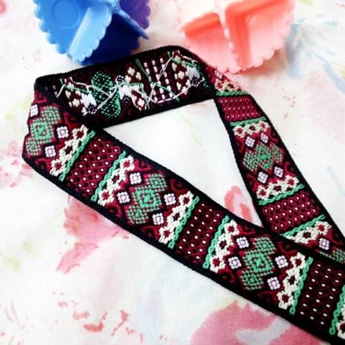 2.5cm 25mm 1' Wine Green Thick Geometric Rhombus Cotton Costume Curtain National Jacquard Ribbon Garment Woven Webbing Trim Lace