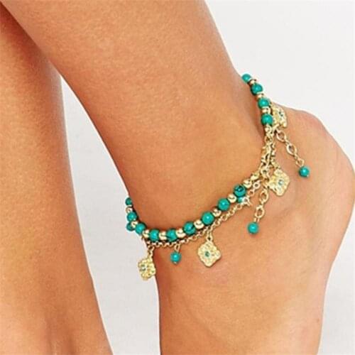 2Pcs/Set Ankle Bracelet Faux Crystal Adjustable Alloy Bohemian Faux Turquoise Bead Beach Anklet for Beach