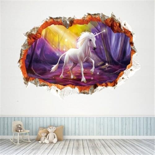 3D Forest Unicorn Wall Stickers For Kids Room Home Decor Living Room Magic Unicorn Girls Bedroom Wallpaper Art Mural Muursticker