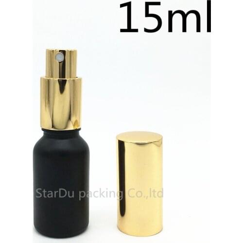 Free Shipping 500pcs 15ml black Frosted glass bottle with gold aluminum sprayer,15cc Essential Oil Spray perfume bottle