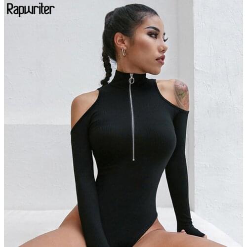 Rapwriter Sexy Off Shoulder Minimalist Ring Zipper Front Cut And Sew Turtleneck Sheer Bodysuit Women 2020 Long Sleeve Bodycon