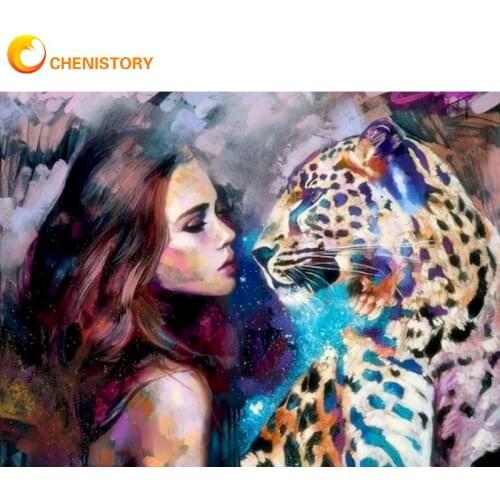 CHENISTORY 60x75cm Painting By Numbers Colorful Girl And Leopard DIY Oil Paints By Number Home Living Room Wall Artcraft DIY Gif
