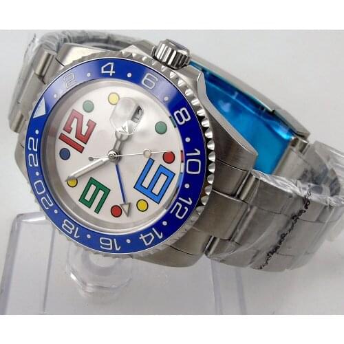 GMT Fashional Mechanical Men Watch Function 40mm Silver Color Case Date Window Ceramic Bezel Mental Strap