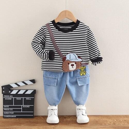 Baby Boys Clothes Set 2021 Spring Autumn New Fashion Kids Striped Cartoon Tops+ Denim Pants 2Pcs Suits Toddler Girls Clothing