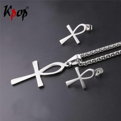 Kpop Ankh Egyptian Cross Key of the Nile Necklace Earring Sets Gold Color Stainless Steel Jewelry Sets PE092