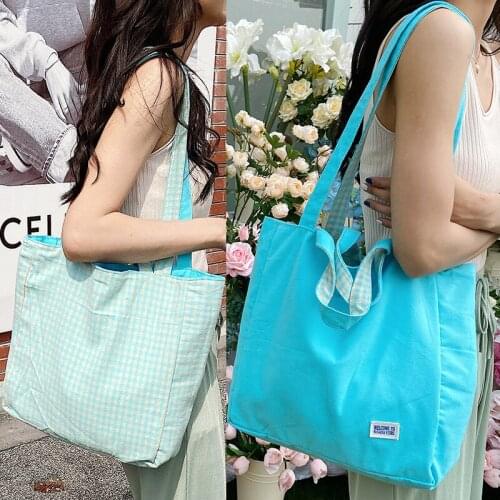 Summer Canvas Shopper Totes Large Handbags Green/Blue/Pink Casual Student Plaid double-sided Shoulder Bags Womens Shopping Bags