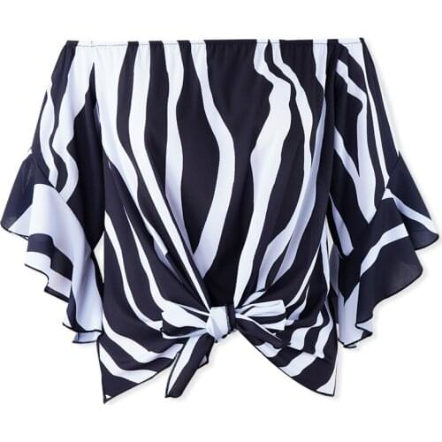 Summer Fashion Women Chiffon Shirt Blouse Slash Neck Off Shoulder Half Flare Sleeve Stripe Loose Blusas Tops Female Shirt