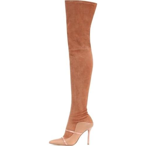 Hot Selling 2018 Over The Knee Thigh High Boots Pointed Toe Patchwork Sock Ladies Boots Brown Suede Leather Winter Long Boots