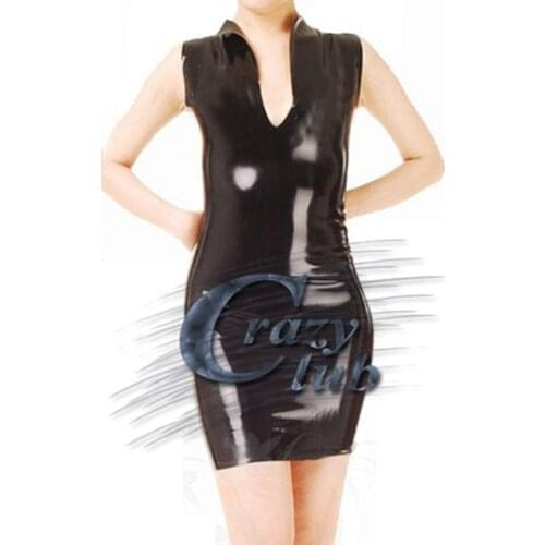 2017 Latex Erotic Girls Latex Sexy Women Black Latex with open collar and zip back Dress Fetish Fast Delivery