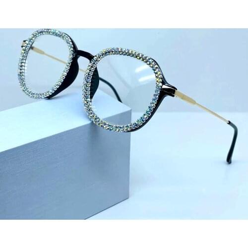2020 Trends Office Anti Blue Light Crystal Rhinestone Computer Glasses Women Clear Lens Round Eyeglasses Frame Vintage Simple