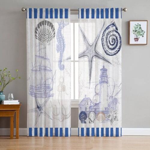 Marine Stripes Ocean Lighthouse Anchor Tulle Curtain Voile Transparent for Bedroom Living Room Kitchen Sheer Window Curtains