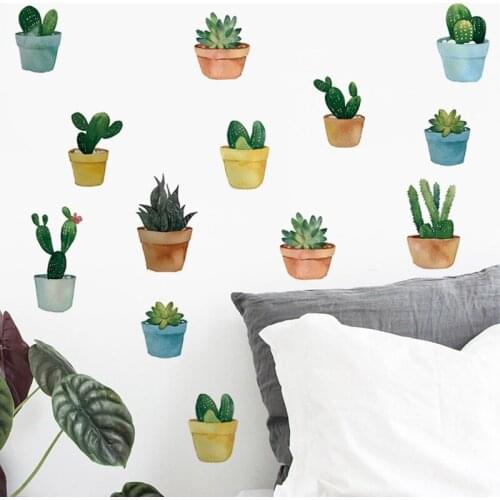 Water Color Cactus Potted Wall Sticker Living Room Background Decoration Mural Bedroom Decals Home Decor Stickers PVC Wallpaper