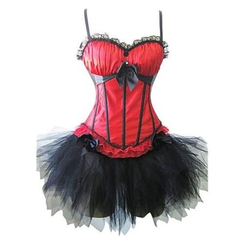 New arrival sexy woman fancy back bowknot red satin adult corset with tutu dress M1753